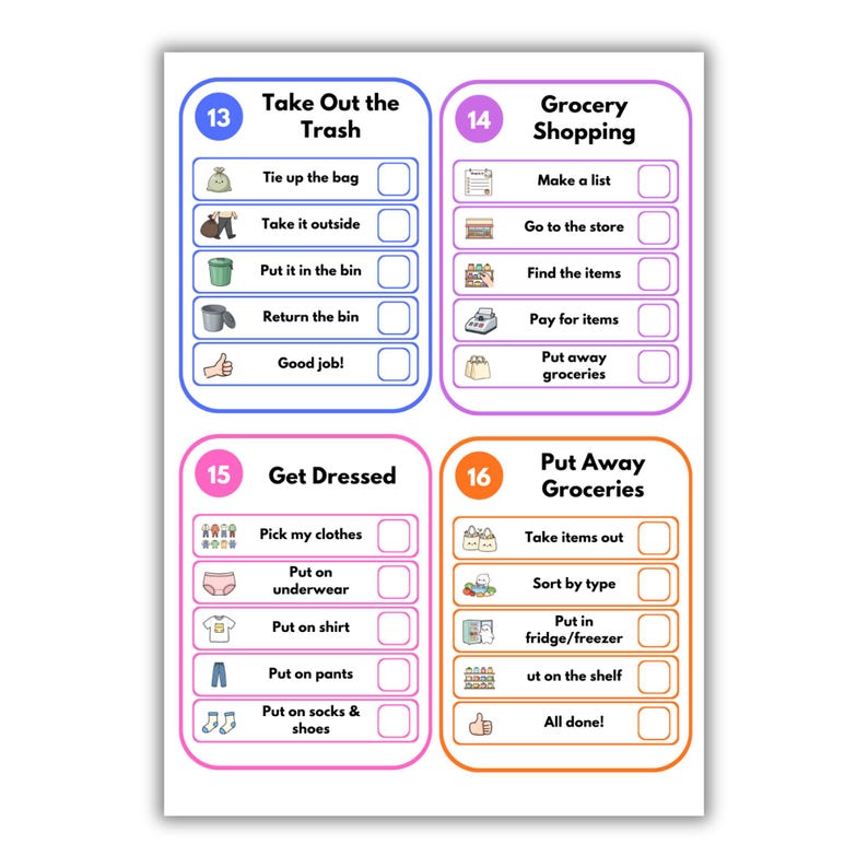 May include: A printable chore chart featuring four distinct sections labeled 13 through 16. Each section includes a title such as Take Out the Trash, Grocery Shopping, Get Dressed, and Put Away Groceries, with corresponding task lists, icons, and checkboxes.