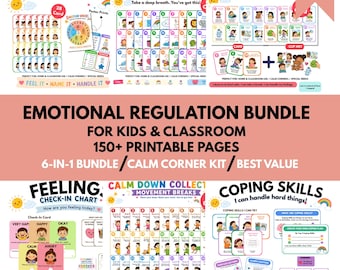 Emotional Regulation Bundle for Kids Printable, Calm Down Cards, Coping Skills, Emotion Wheel, Breathing Cards, SEL Calm Corner Kit