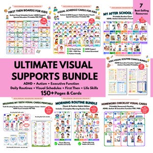Könnte beinhalten: Ein digitales Paket mit visuellen Hilfsmitteln für Kinder, darunter First-Then-Tafeln, visuelle Planungskarten, Routine-Diagramme und Checklisten zur Unterstützung bei ADHS und Autismus. Die Sammlung enthält über 150 Seiten und Karten mit farbenfrohen Illustrationen und Textbeschriftungen für tägliche Aufgaben, Lebenskompetenzen und Gewohnheiten im druckbaren PDF- und PNG-Format.