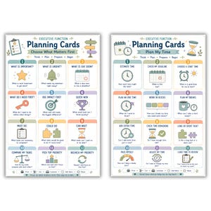 May include: Two sets of Executive Function Planning Cards. The left set is titled Choose What Matters First, and the right set is titled Plan My Time. Each set features twelve numbered boxes with icons and questions to guide task management.