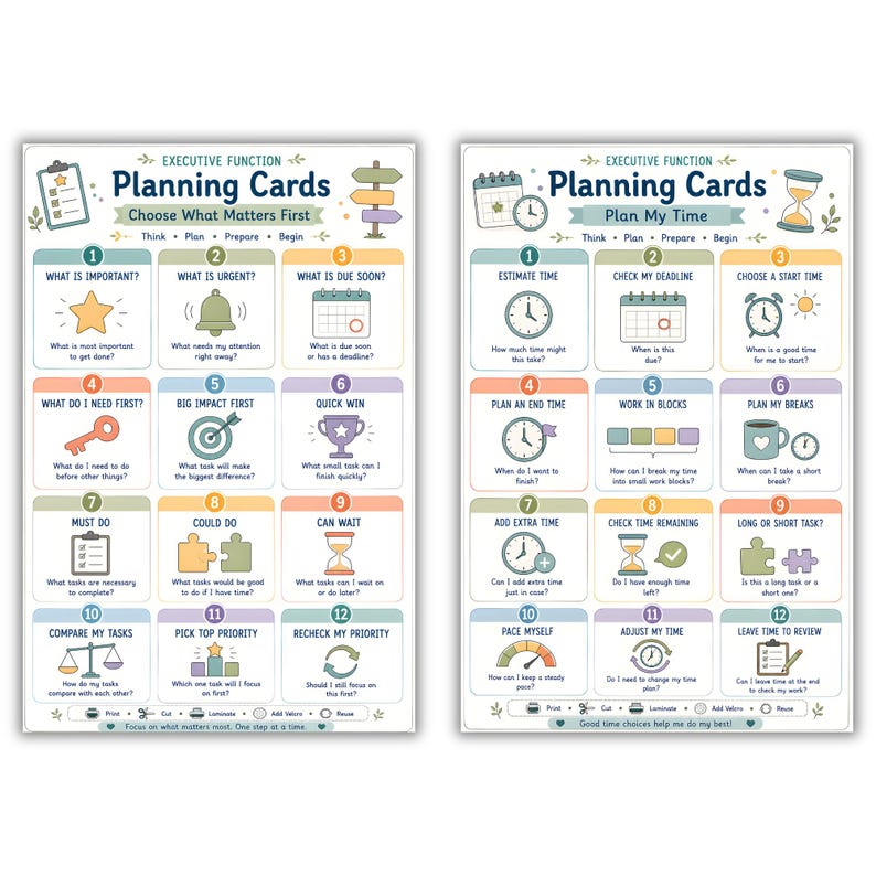 May include: Two sets of Executive Function Planning Cards. The left set is titled Choose What Matters First, and the right set is titled Plan My Time. Each set features twelve numbered boxes with icons and questions to guide task management.