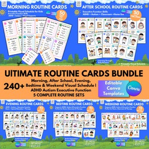 Ultimate Routine Cards Bundle | 240+ Visual Schedule Cards | ADHD Autism Executive Function | Editable Canva PDF PNG