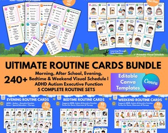 究極のルーティンカードバンドル | 240枚以上のビジュアルスケジュールカード | ADHD、自閉症、実行機能 | 編集可能なCanva PDF PNG