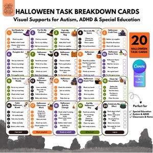 Peut inclure: Un ensemble de 20 cartes de décomposition de tâches d'Halloween avec des listes numérotées pour le soutien visuel. Chaque carte comprend un titre, une liste de contrôle et des illustrations sur le thème d'Halloween comme des fantômes, des citrouilles et des sorcières. Le texte inclut des titres comme Get Ready for Halloween, Pumpkin Art et Celebrate My Effort.
