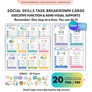 Social Skills Task Breakdown Cards for Kids, ADHD Autism Visual Supports, Executive Function Printable PDF