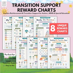 May include: A set of eight printable reward charts for transition support, featuring colorful illustrations, checkboxes, and text including titles like My Transition, Ready, Set, Transition, and Building My Transition Skills on a light pink background.