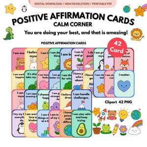 May include: A set of 42 positive affirmation cards with vibrant illustrations and motivational quotes. The cards feature diverse designs, including animals and stars, and are intended for a calm space. The text on the cards includes phrases like "I am worthy" and "I can handle challenges." The cards are in a printable PDF format.