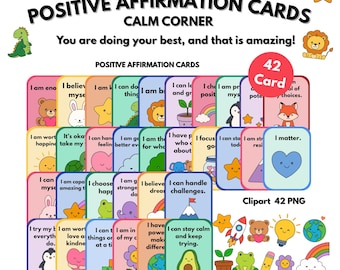 Positieve bevestigingskaarten voor kinderen, Calm Corner afdrukbaar, SEL-kaarten, bevestigingen in de klas, motivatiekaarten voor kinderen, 42 png-afbeeldingen
