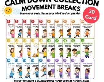 Calm Down Collection Movement Break Cards | ADHD Brain Breaks | Emotional Regulation Printable | Classroom Movement Activities | 30 Cards