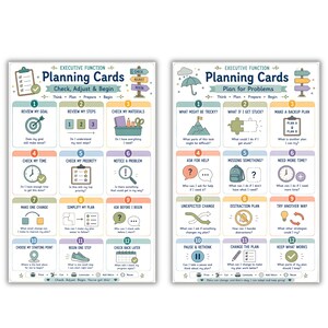 May include: Two educational posters titled Executive Function Planning Cards. The left poster features Check, Adjust & Begin with twelve numbered steps. The right poster features Plan for Problems with twelve numbered steps, including icons like a mountain, umbrella, and clock.