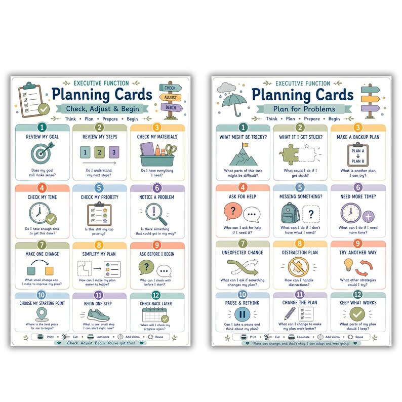 May include: Two educational posters titled Executive Function Planning Cards. The left poster features Check, Adjust & Begin with twelve numbered steps. The right poster features Plan for Problems with twelve numbered steps, including icons like a mountain, umbrella, and clock.
