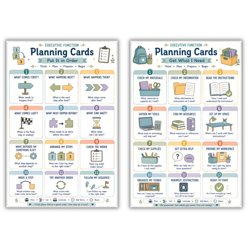 May include: Two educational posters titled Executive Function Planning Cards. The left poster, Put It In Order, features twelve numbered steps with icons and questions. The right poster, Get What I Need, lists twelve steps for preparation.