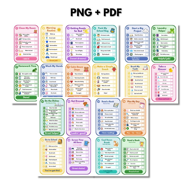 Schema's voor het opsplitsen van taken voor executieve functies bij kinderen | Visuele checklistkaarten voor ADHD | Ondersteuning bij routines voor autisme | Afdrukbare PDF PNG afbeelding 2