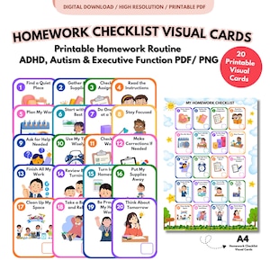 Hausaufgaben Checkliste Visuelle Karten für Kinder Druckbare Hausaufgaben Routine ADHD Autismus Exekutivfunktion PDF PNG