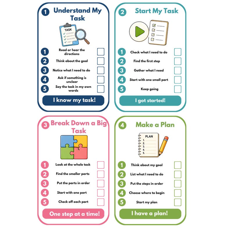 May include: Four rectangular task cards with rounded corners. Each card features a numbered step, a title, a central icon, a list of five sub-tasks with checkboxes, and a bottom button. Colours include dark blue, teal, pink, and light green.