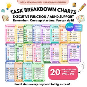 Executive Function Task Breakdown Charts for Kids | ADHD Visual Checklist Cards | Autism Routine Supports | Printable PDF PNG