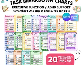Executive Function Task Breakdown Charts for Kids | ADHD Visual Checklist Cards | Autism Routine Supports | Printable PDF PNG