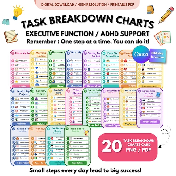 Executive Function Task Breakdown Charts for Kids | ADHD Visual Checklist Cards | Autism Routine Supports | Printable PDF PNG