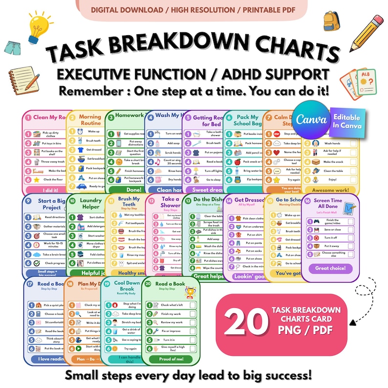 Schema's voor het opsplitsen van taken voor executieve functies bij kinderen | Visuele checklistkaarten voor ADHD | Ondersteuning bij routines voor autisme | Afdrukbare PDF PNG afbeelding 1