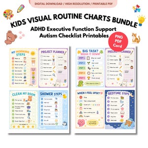 May include: A digital bundle of kids' visual routine charts and ADHD executive function support checklists. The printable pages feature colorful illustrations, numbered steps for morning, cleaning, shower, project planning, and bedtime tasks.