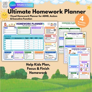 May include: A set of four printable homework planner templates featuring colourful sections for daily goals, task lists, time management, and end-of-day check-ins. The documents include text headers like Ultimate Homework Planner and various prompts to help organise assignments, study habits, and daily priorities.