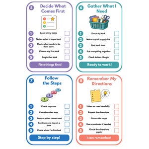 May include: Four rectangular educational cards with rounded corners, each featuring a numbered list of five steps and checkboxes. The cards are titled Decide What Comes First, Gather What I Need, Follow the Steps, and Remember My Directions.