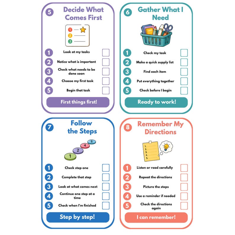 May include: Four rectangular educational cards with rounded corners, each featuring a numbered list of five steps and checkboxes. The cards are titled Decide What Comes First, Gather What I Need, Follow the Steps, and Remember My Directions.