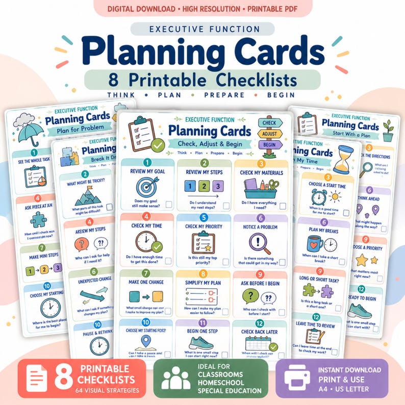May include: A set of printable executive function planning cards featuring checklists with colourful icons and text. The cards include prompts like Review My Goal, Check My Materials, and Notice A Problem, organised into numbered steps to assist with task management and organisation.