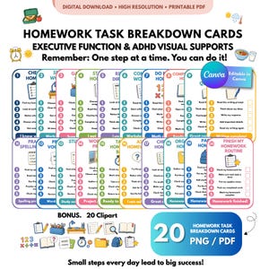 May include: A set of twenty digital homework task breakdown cards featuring executive function and ADHD visual supports. Each card includes numbered steps, colourful icons, and text prompts. The collection includes a bonus set of twenty clipart images in PNG and PDF formats, designed for printable use to assist with daily routines.