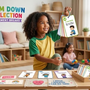 Op de afbeelding: Een jong meisje houdt een set kleurrijke kaarten met oefeninstructies vast. De kaarten maken deel uit van een "Calm Down Collection" met zinnen als "Ik beweeg, ik adem, ik kan het!" en "Probeer het opnieuw". Andere kaarten liggen op een houten tafel.