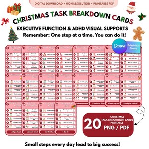 Christmas Task Breakdown Cards, Executive Function Visual Supports, ADHD Routine Cards, Special Education Printable, Editable Canva