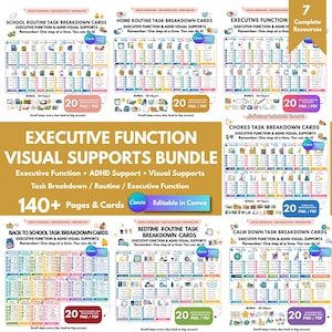 May include: An executive function visual supports bundle featuring 140+ pages and cards for school, home, chores, and bedtime routines. The set includes task breakdown cards with colourful icons, checklists, and text, all editable in Canva.