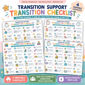 May include: Four printable transition support checklists featuring numbered steps, colorful icons, and text prompts to assist with activity changes. The documents include instructions for classroom or home use, with clear grids and checkboxes for tracking progress.
