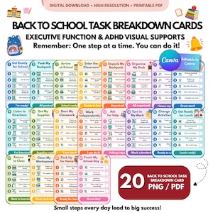 May include: A set of 20 digital back to school task breakdown cards for executive function and ADHD support. Each card features numbered steps, icons, and text prompts like Get Ready for School, Pack My Backpack, and Finish My School Day.