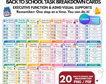 Back to School Task Breakdown Cards, Editable Executive Function Visual Supports