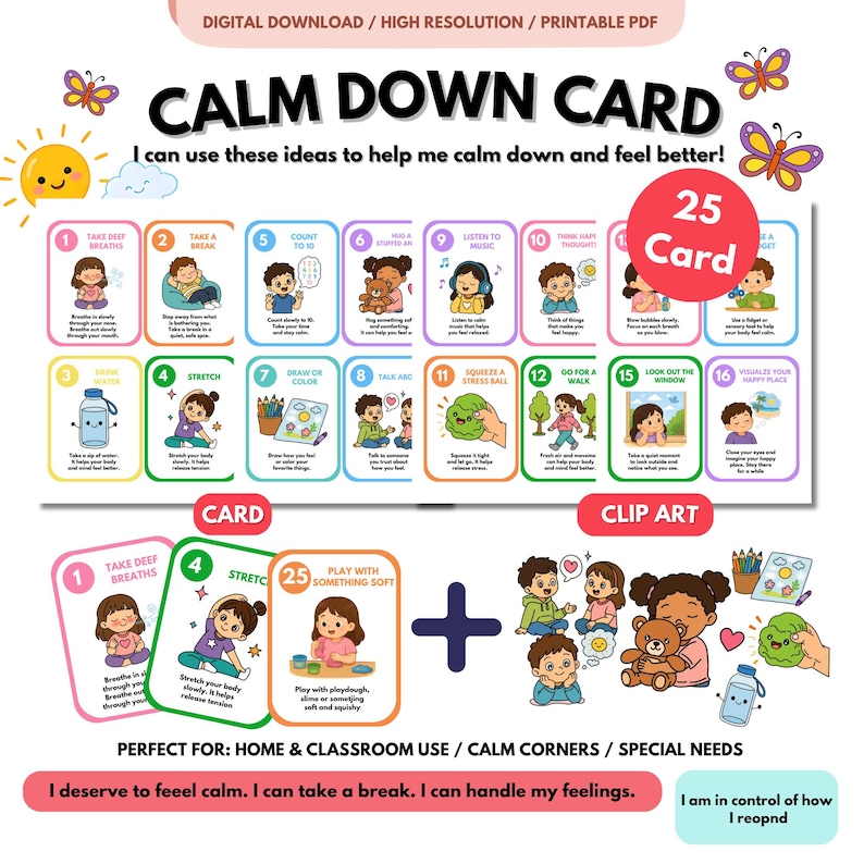 Calm Down Cards for Kids Printable, Coping Skills Cards, Emotional ...