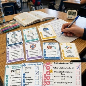 May include: A collection of laminated task management cards with numbered steps and checklists, including titles like Understand My Task, Start My Task, Stay Focused, Handle a Distraction, Change My Plan, Organize My Materials, and Finish My Task.