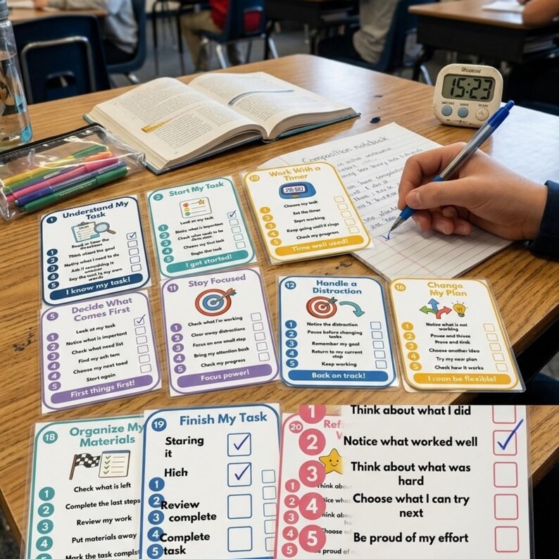 May include: A collection of laminated task management cards with numbered steps and checklists, including titles like Understand My Task, Start My Task, Stay Focused, Handle a Distraction, Change My Plan, Organize My Materials, and Finish My Task.
