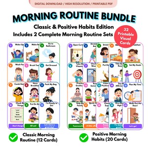 May include: A digital download Morning Routine Bundle featuring 32 printable visual cards. The set includes a Classic Morning Routine with 12 cards and a Positive Habits Edition with 20 cards, each displaying colorful illustrations of daily tasks.