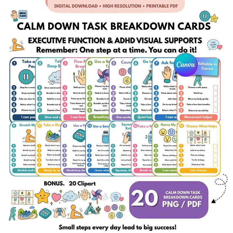 以下が含まれることがあります： 実行機能およびADHD視覚支援のための16枚の「Calm Down Task Breakdown Cards」セット。各カードには番号付きのステップ、イラスト、テキストによる指示が含まれています。PNGおよびPDF形式の20個のボーナスクリップアート画像が含まれています。