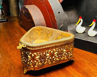 Vintage Victorian Style Footed Gold Filigree Jewelry Casket Box