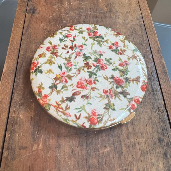 Vintage Floral Powder Compact Rose Chintz Vanity Mirror Compact