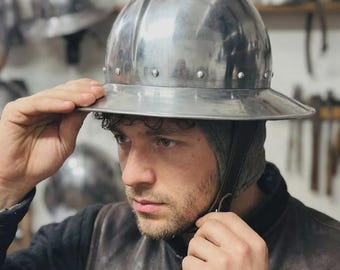 Casco medieval tipo caldero – Armadura de caballero ponible de acero de 18 g, decoración rústica