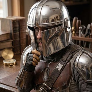 May include: A shiny, silver Mandalorian helmet with a matching chest plate and shoulder armor. The image shows a person wearing the helmet and armor, with a brown leather strap across the chest. The person is wearing black gloves and a black turtleneck.