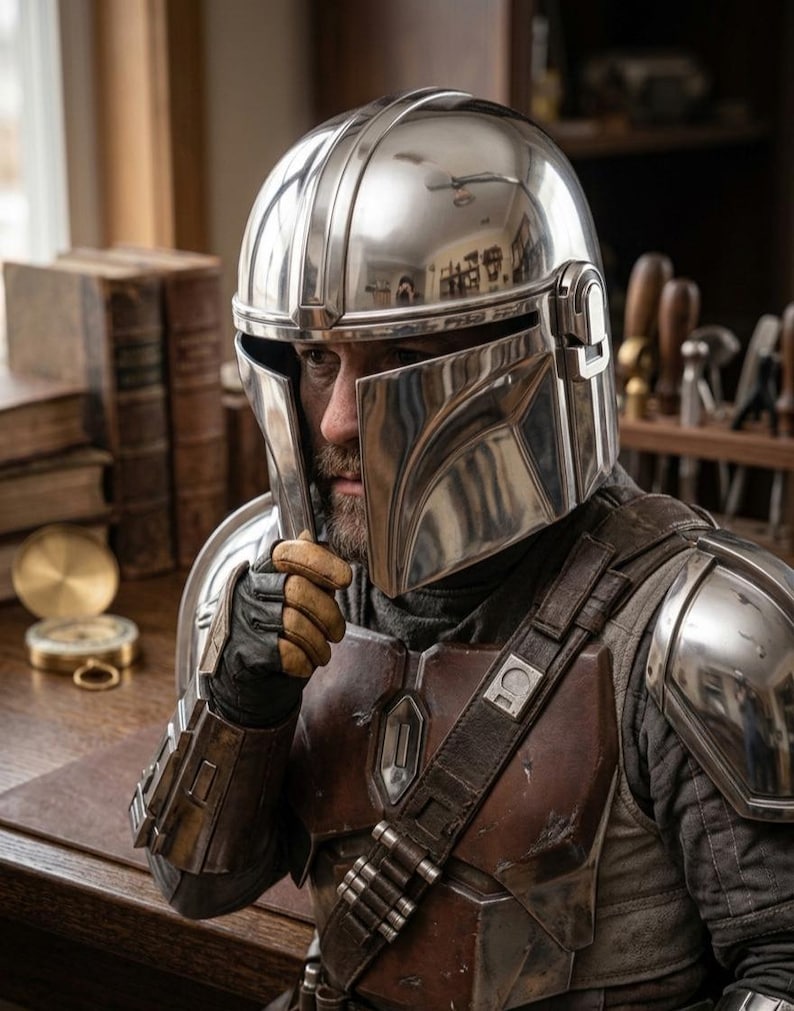 May include: A shiny, silver Mandalorian helmet with a matching chest plate and shoulder armor. The image shows a person wearing the helmet and armor, with a brown leather strap across the chest. The person is wearing black gloves and a black turtleneck.