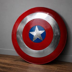 May include: A circular shield featuring a concentric design with a bright red outer ring, a metallic silver middle ring, and a central blue circle containing a five-pointed silver star. The surface has a smooth, reflective finish throughout.