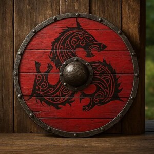 May include: A circular wooden shield painted in red with a black stylized wolf design. The shield features a dark metal rim secured with rivets and a central metal boss. The wood grain is visible beneath the red paint, creating a textured surface.