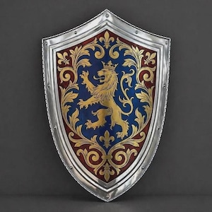 May include: A heater-style shield with a polished silver metal border and rivets. The center features a blue field with a gold lion rampant, surrounded by intricate gold filigree and fleur-de-lis motifs set against a deep red background.