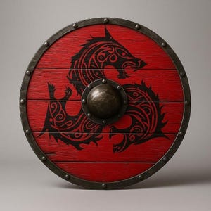 May include: A circular wooden shield featuring a vibrant red finish with a prominent black graphic of a stylized wolf or dragon creature. The shield has a dark metal rim secured with rivets and a central dark metal dome or boss in the middle.