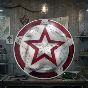 May include: A large, round shield with a red star in the center and a red border. The shield has a silver-colored surface with a star design. The shield is sitting on a wooden table in a room with military-themed decor.